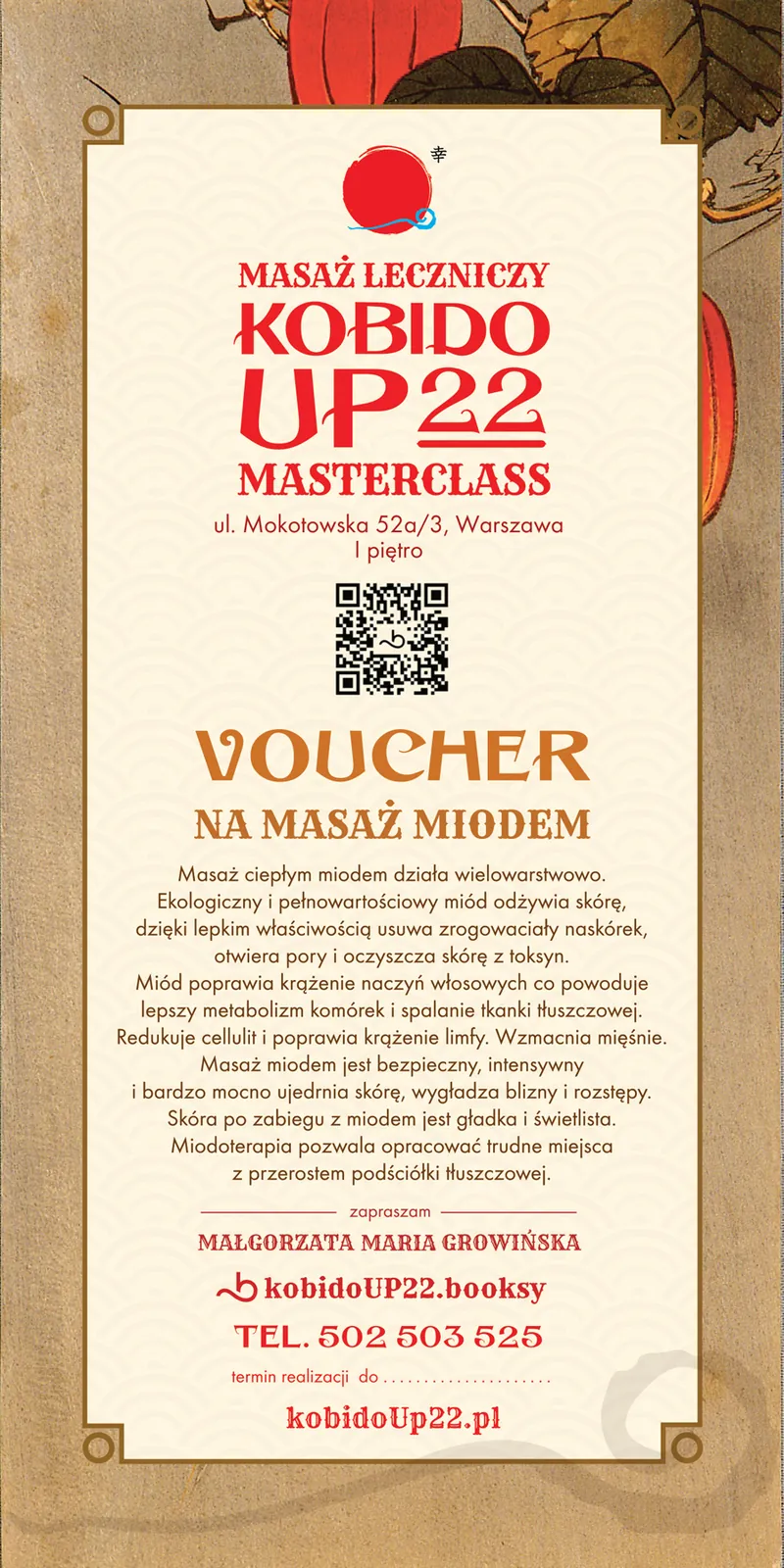 Voucher — Masaż ciepłym miodem – voucher prezentowy KOBIDO UP22